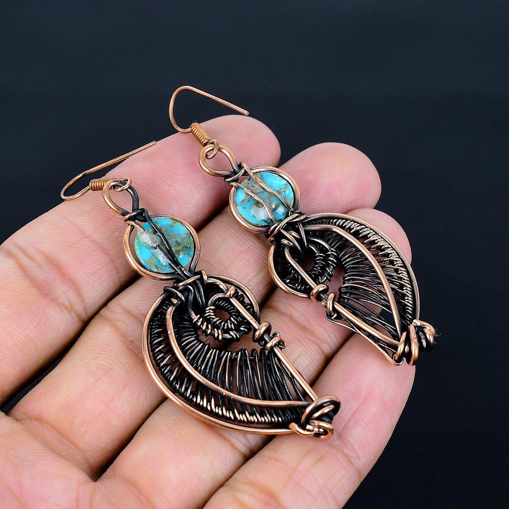 Blue Copper Turquoise Handmade Gemstone Earrings, 999 Copper Wire Wrapped Earrings Antique Jewelry, For Engagement Gift