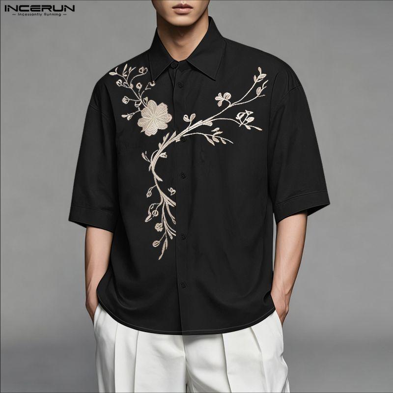 INCERUN Summer Men Short Sleeve Embroidery Loose Casual Vintage Shirts Tops