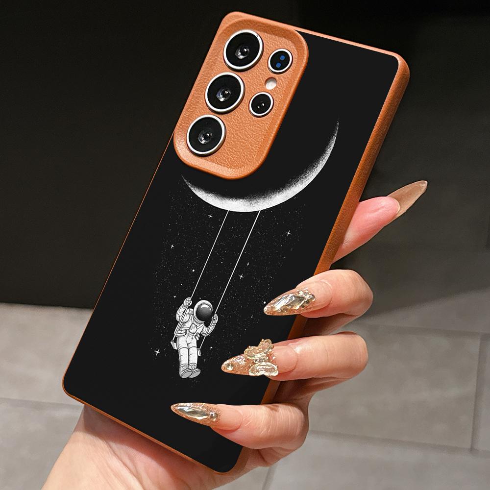Samsung A07 Xiaomi Redmi 13C 14C for iPhone 17 Pro Max Infinix Realme Phone Cases Soft brown Leather pattern TPU Case NY60 space astronaut skate moon