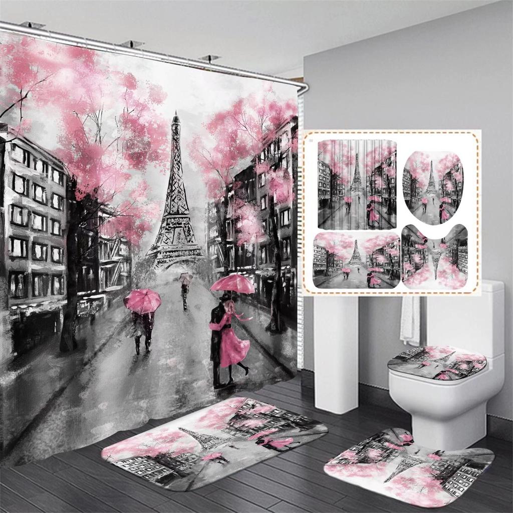 Paris Eiffel Tower Shower Curtain Set With Rugs Waterproof Curtain Bathing Screen Anti-Slip Toilet Lid Cover Rugs Bathroom Decor