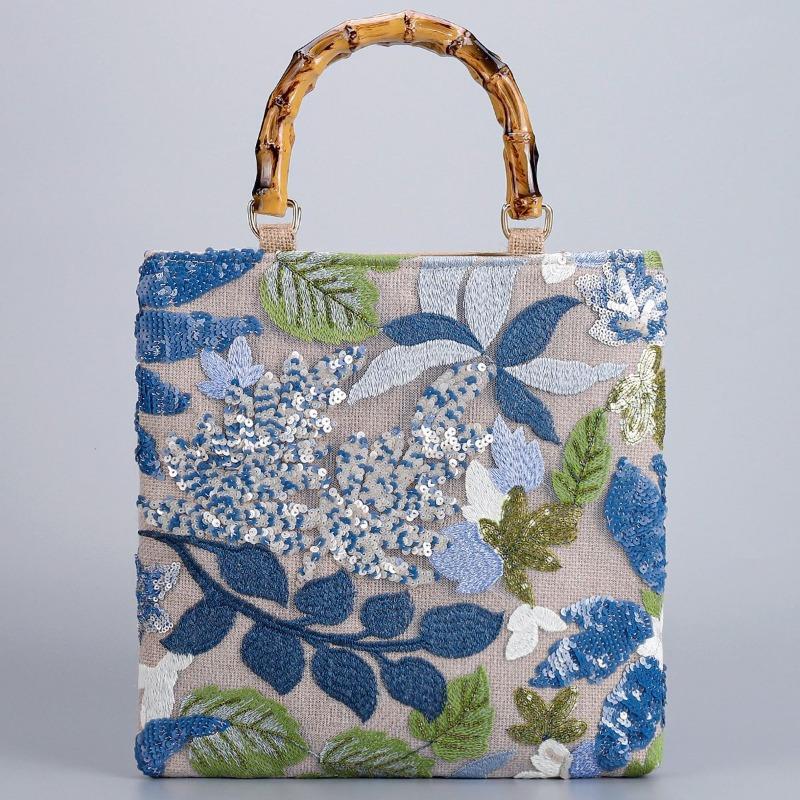 Women's Retro Tote Bag Vintage Pink Embroidery Sequin Bamboo Handle Handbag Elegant Fashion Bag Daily Commute Shopping Travel Bag
