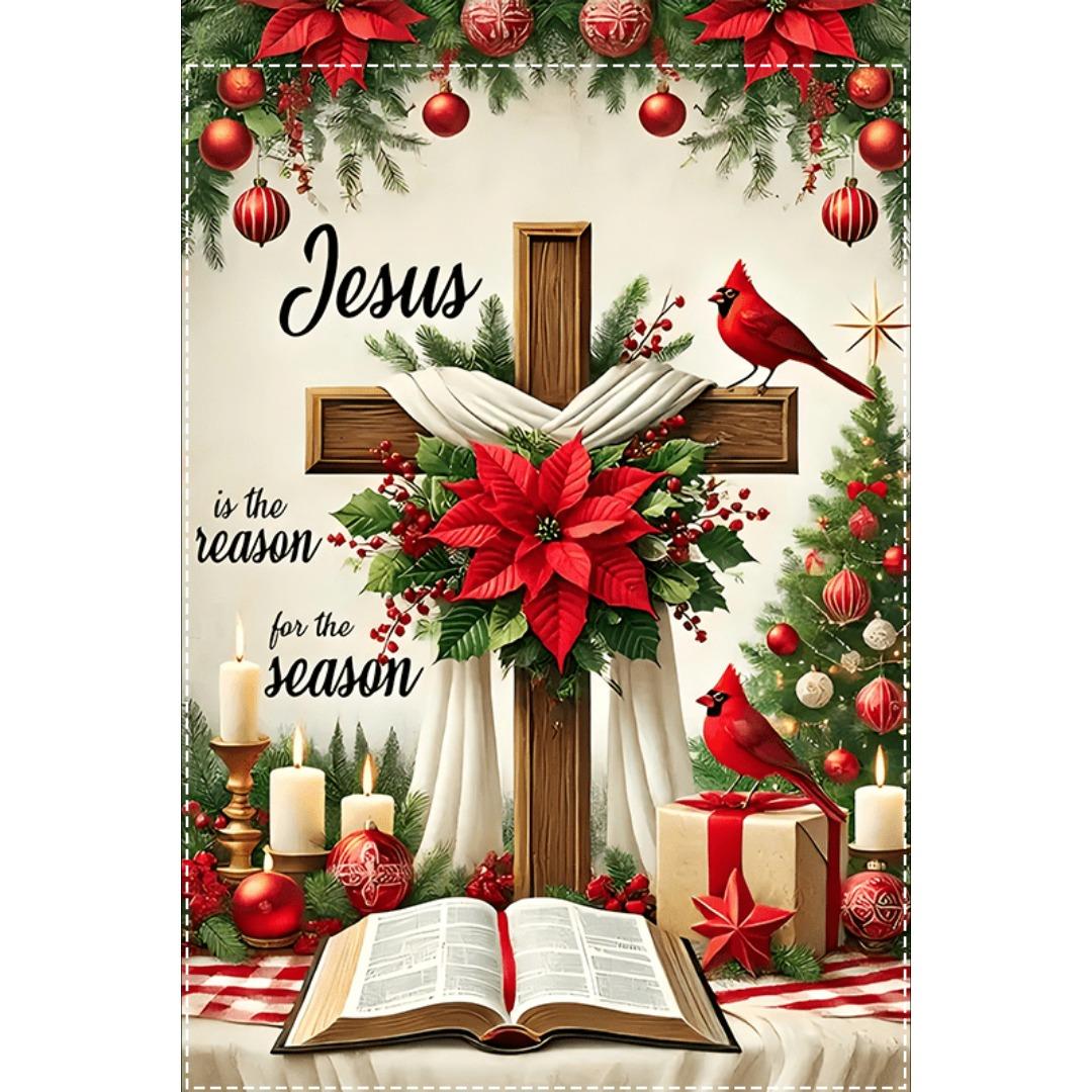 

1pc 30x45cm Christmas Garden Flag Sacred Jesus Cross 3D Print New Year Christmas Yard Outside Decoration No Flag Pole 12X18 Inch 30x45