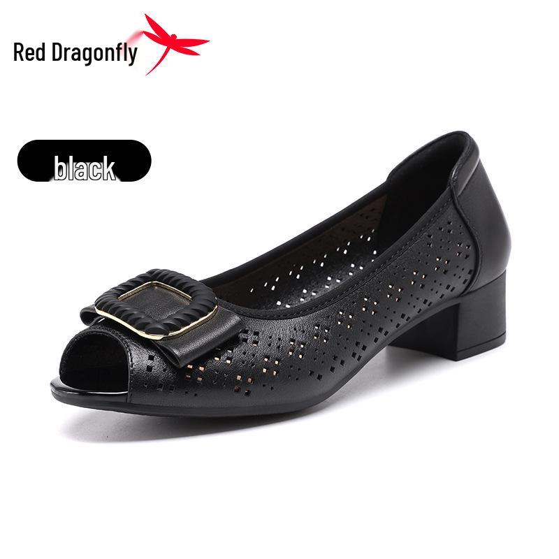 Red Dragonfly Summer 2026 Women s Genuine Leather Chunky Heel Peep-toe Flats – Hollow-out Design Mother s Sandals. 37
