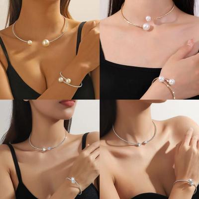 European-American Trendy Choker & Bracelet Set: Pearl, Zircon, Heart, Triangle, Circle Design - Versatile Fashion.