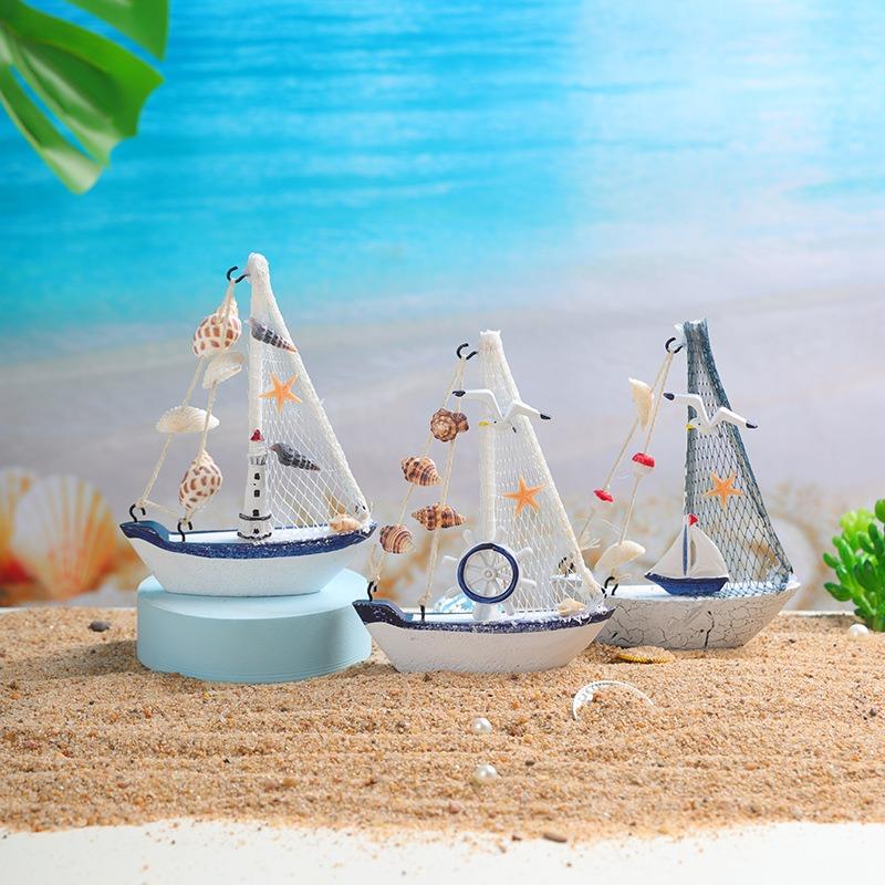 Holz Segelboot Ornamente,Muschel,Bootsruder,Anker,Leuchtturm,Seevogel Dekoration Boot,Wohnzimmer Kinderzimmer Dekoration Geschenk