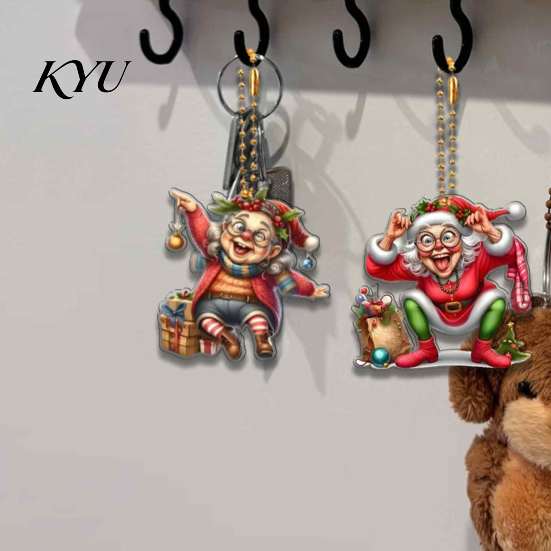 Funny Character Key Chains 12Pcs Old Women Christmas Tree Ornaments, 2D Flat Acrylic Cartoon Grandma Creative Sheet Ornaments Hanging Pendants