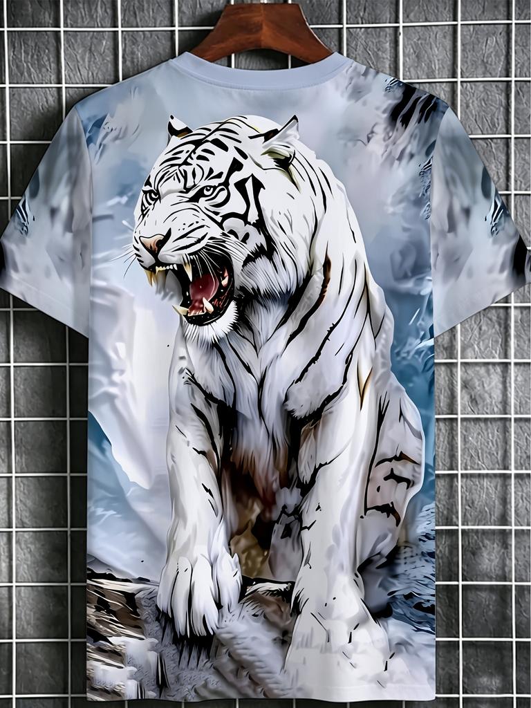 [Printed Design - Not Textured] Men's Fashion T-Shirt, Printed Men's Casual Crew Neck T-Shirt, Majestic White Tiger Print, Suitable for Sports and