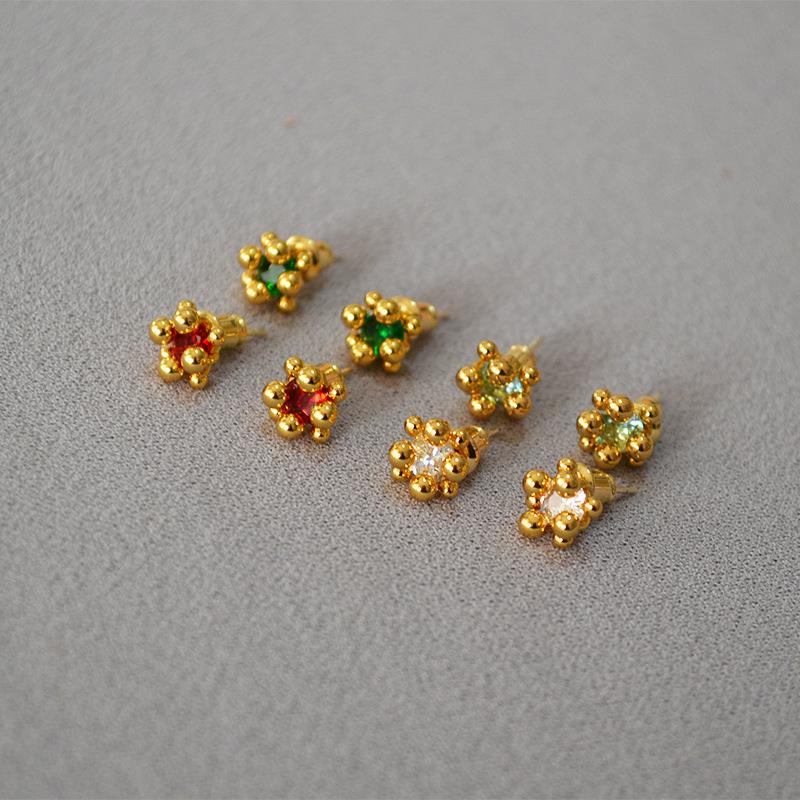 

925 Silver Zircon Flower Bud Stud Earrings - Sleek, Simple Design for Women зелёный