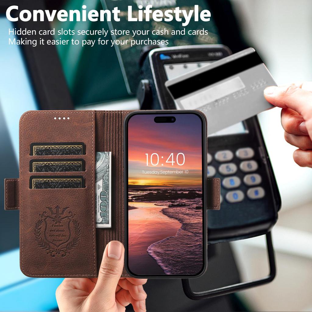 iPhone 17 Pro/Samsung Magnetic Leather Flip Case with Wireless Charging, Card Slot, and Stand