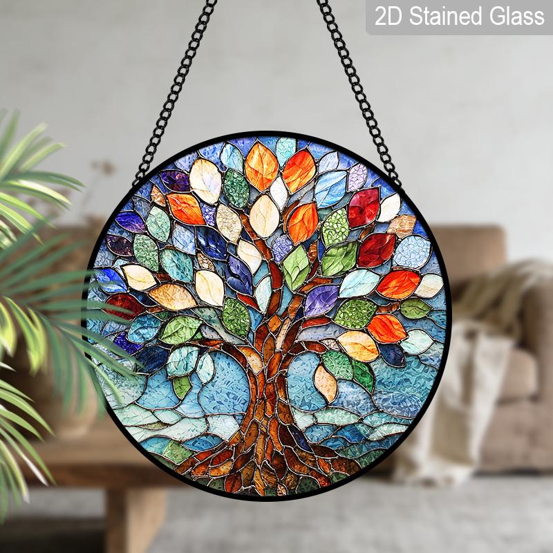2D Flat, 1pc Rainbow Tree of Life Round Glass Suncatcher, Colorful Life of Tree Stained Glass Style Window Hanging, Multicolor Leaves Design with