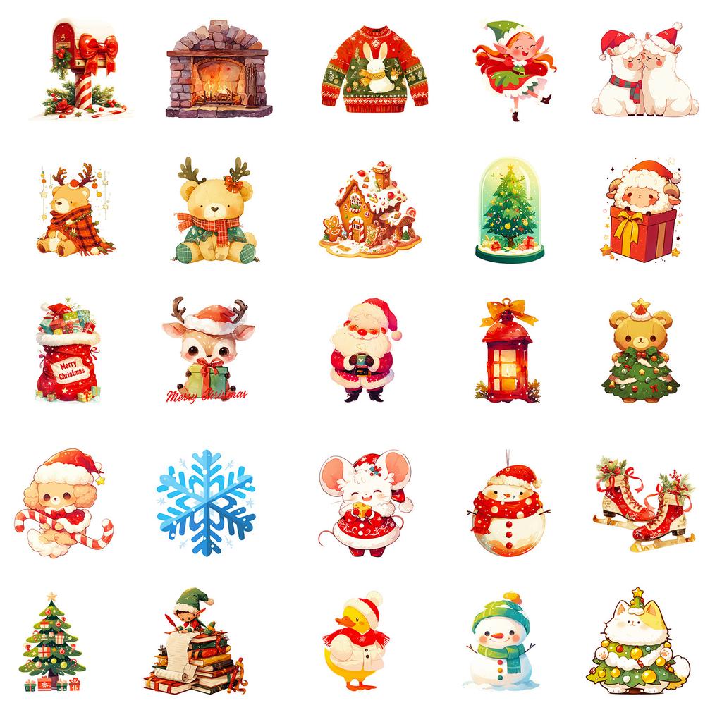 50 Christmas Dreamy Cartoon Doodle Stickers, Claus Stickers, Snowflake Decorations