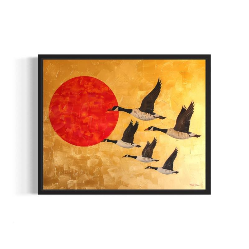 Abstract Bird Flying Animal Poster Raven Crow Hummingbird Red and Gold Canvas Painting Modern Wall Art Living Room Home Decor