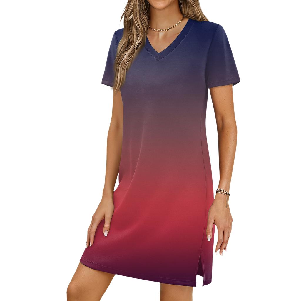 Women's Casual V-neck Short Sleeve Split Hem Gradient Dress