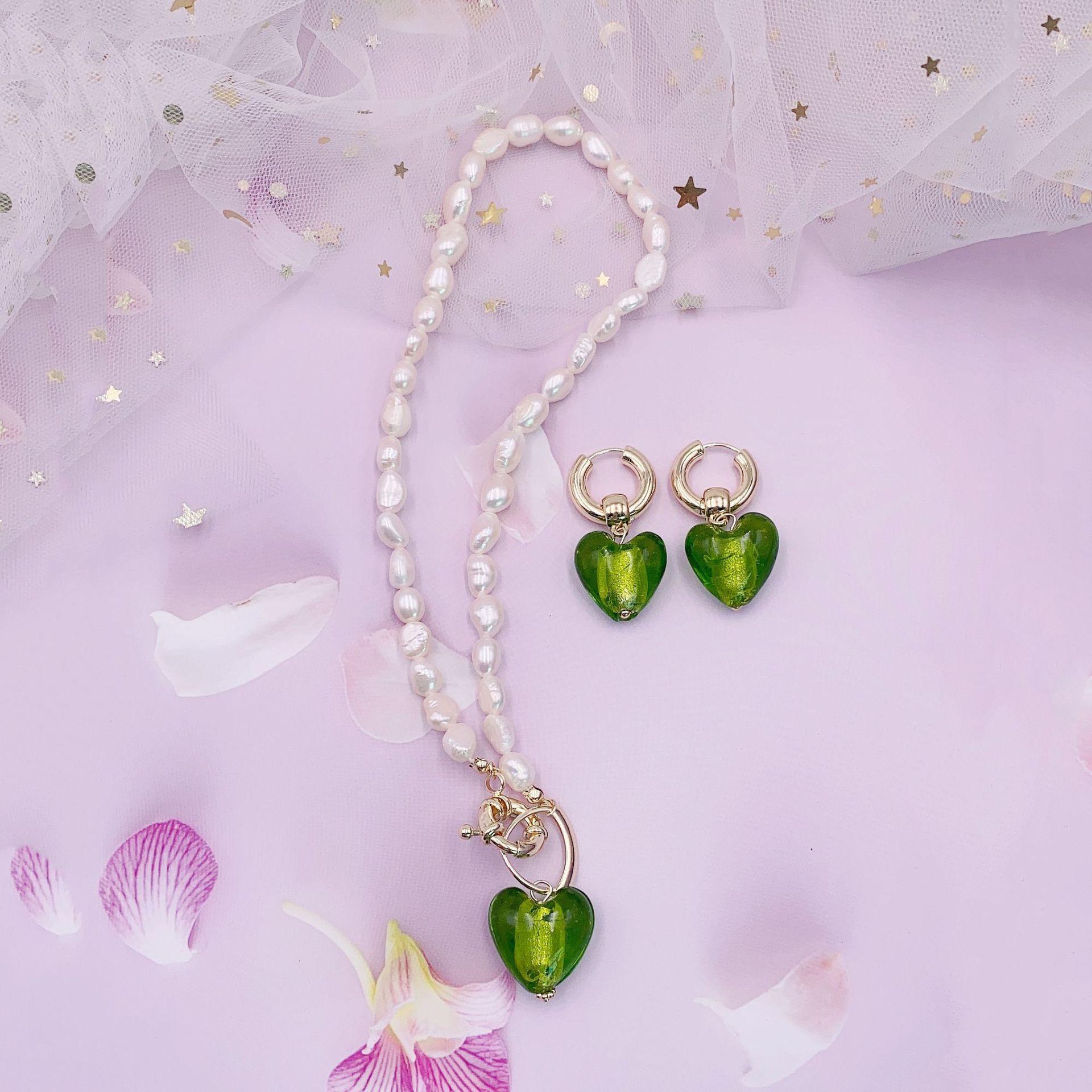 Natural Pearl Necklace Green Love Baroque Natural Pearl European and American Necklace Earrings Set