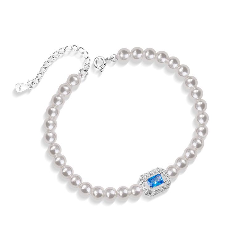 

Sterling Silver 925 Sugar Cube & Aquamarine Bracelet with Pearl Bangle - Women s Luxury Jewelry Sterling Silver 925