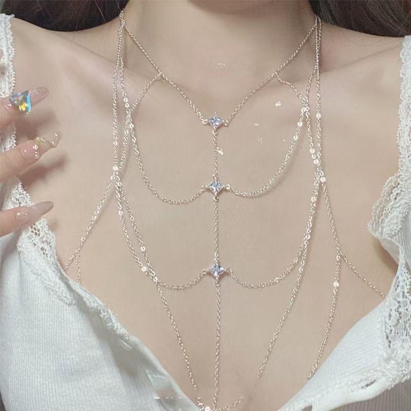 Rhinestone Decorated Body Chain, Sweet Cool Bikini Accessory Minimal High-end Clavicle Chain