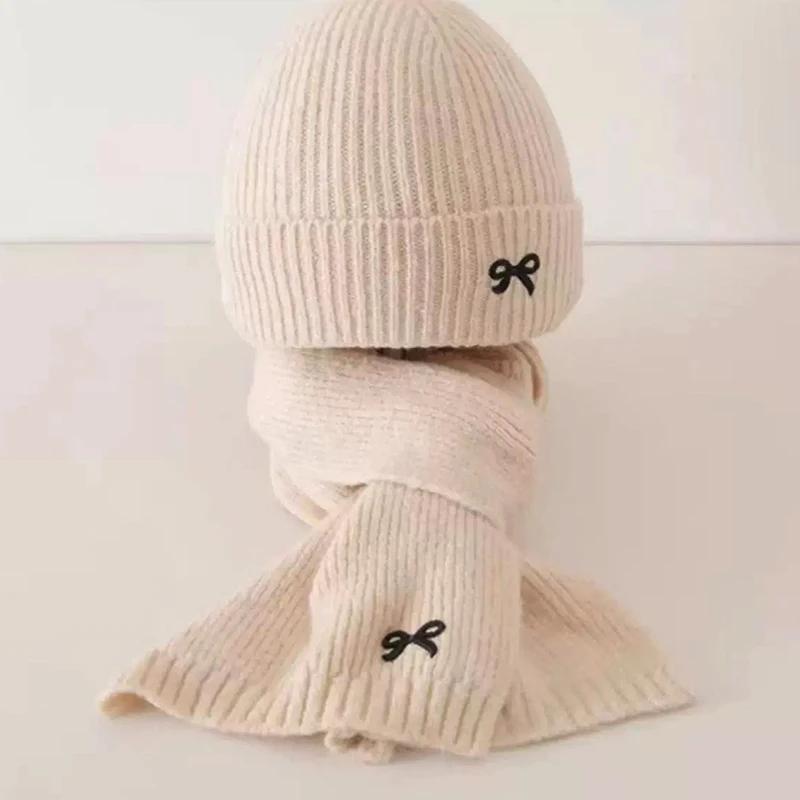 2Pcs Set Korean Children's Hats And Scarves Winter 1-8Y Kids Stylish Bowknot Boy Girl Toddler Windproof Knitted Woolen Cap Scarf