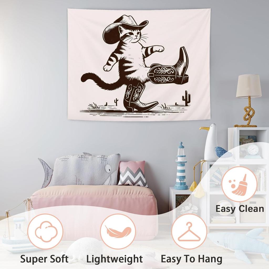 NATSUNO Western Tapestry, Funny Western Cowboy Cat Wall Tapestry for Bedroom, Retro Wild West Country Cat Tapestries Wall Hanging for Home Bedroom