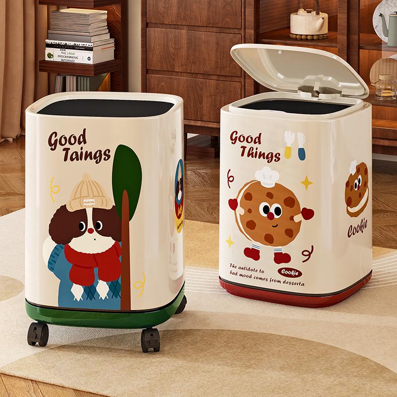 Wheeled Double Barrel Cartoon Trash Can with Lid for Living Room & Bedroom