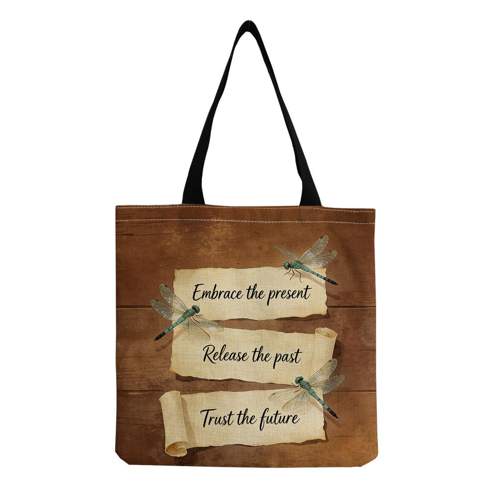 Women Vintage Linen Tote Bag - Large Capacity Dragonfly Print Shoulder Handbag for Casual & Grocery Shopping KTB
