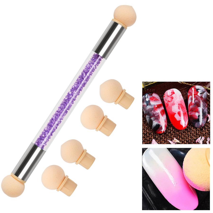 Dwustronny pędzelek do zdobienia paznokci z gąbką gradientową, zmywalny pędzelek do zdobienia paznokci z 4 wymiennymi główkami gąbkowymi i uchwytem z kryształkami