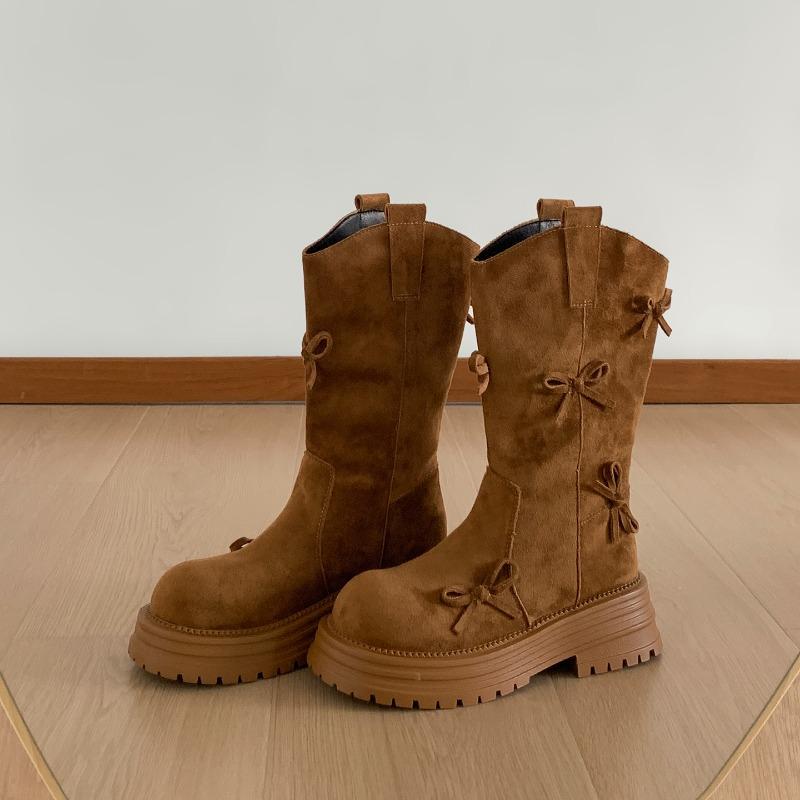

Autumn Winter Platform Thick Sole Women Mid Calf Boots Fashion Butterfly-knot Shoes Female Vintage Western Cowboy Booties 35