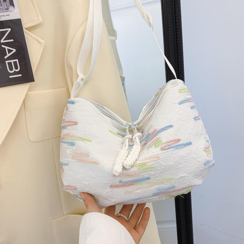 Trendy Summer Canvas Tote Bag With Colorful Stripes Large Capacity For Women кремовый