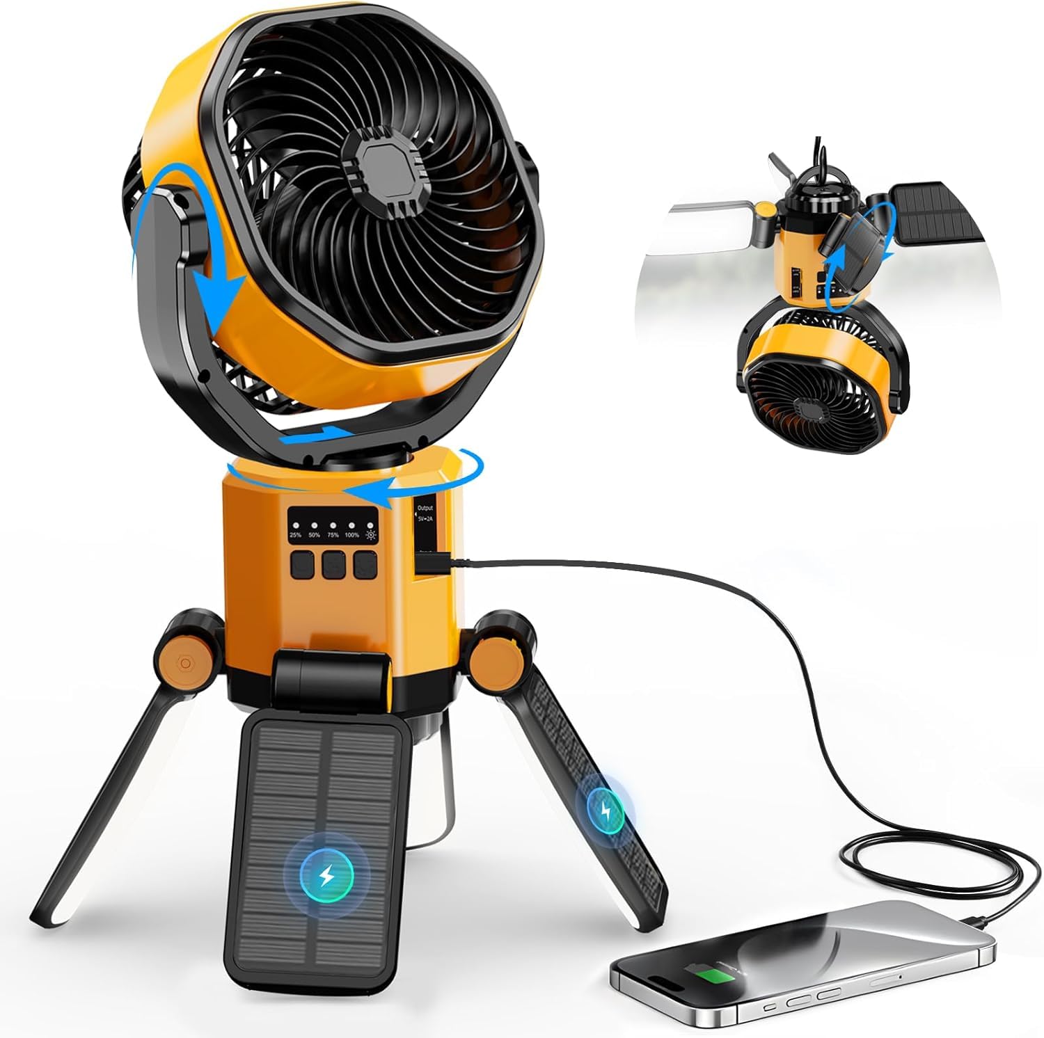 

Кемпинговый вентилятор с 4 независимыми солнечными панелями и автоматическим 4-ступенчатым потоком воздуха, 3 уровнями яркости, аккумулятором высокой емкости 6000 мАч, USB-зарядкой, регулируемой скоростью, низким уровнем шума, защитой IPX4, идеально подхо