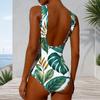 Women Plus Size High Round Neck Sleeveless One Piece Swimsuit White Tropical Leaf Floral Printed
