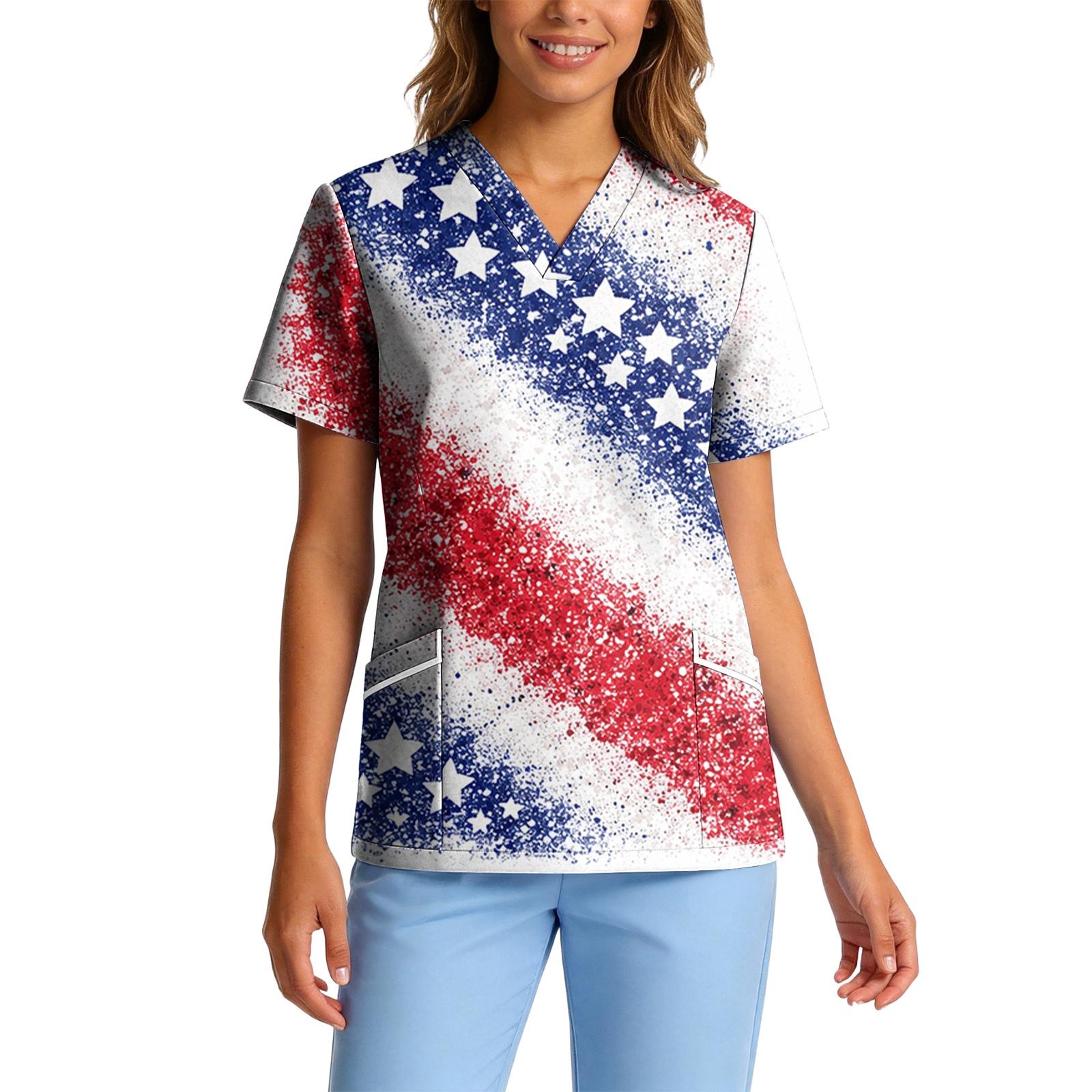 

Women V Neck Short Sleeve Scrub Top with Pocket Stretch Quick Dry Fabric Star Print for Healthcare Work Uniform L