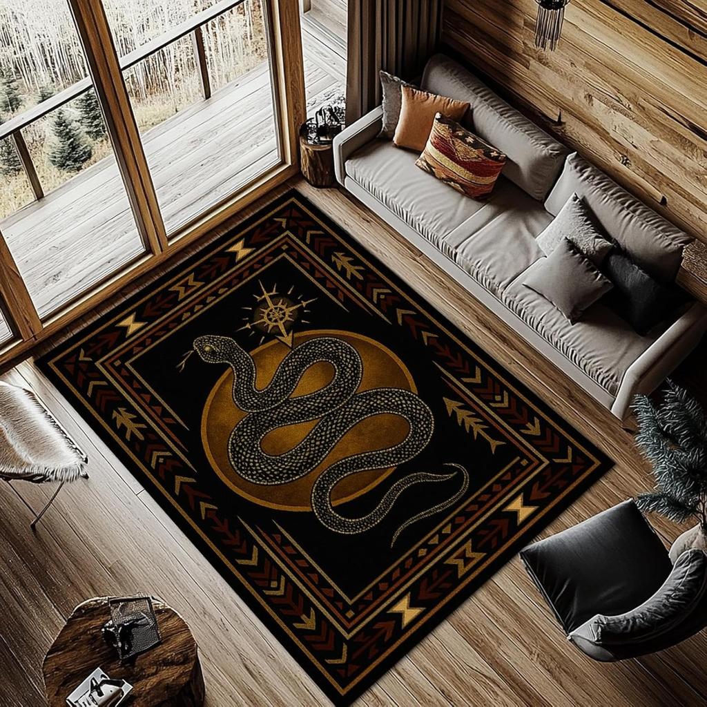 Nordic Style Living Room Carpet Black Gold Mysterious Snake Pattern Bedroom Rug Machine Washable Non-slip Coffee Table Mat Tapis