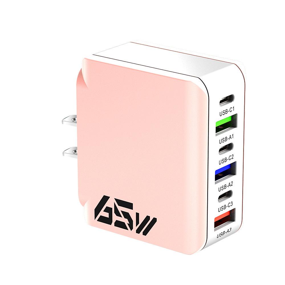 65W Multi-Port USB Charger: 3PD + 3 USB Wall Charger, European-Standard Fast-Charging Adapter, Compatible with Smartphones, Tablets, and Laptops