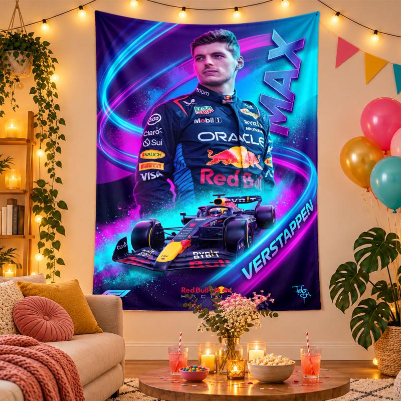 Polyester Wandteppich mit Max Verstappen Design, Dekorative Hängedekoration für Schlafzimmer Wohnzimmer Studentenwohnheim