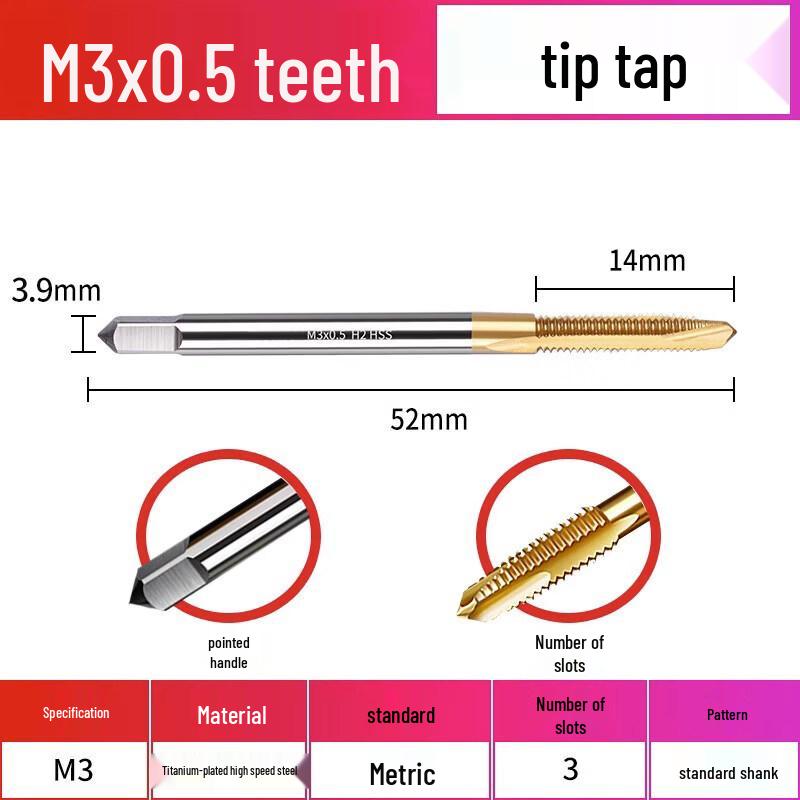 Jundingying M3*0.5 Ultra-Hard Titanium-Plated Spiral Tap