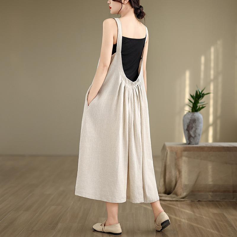Real shot summer new cotton and linen literary and retro loose sleeveless strap dress women