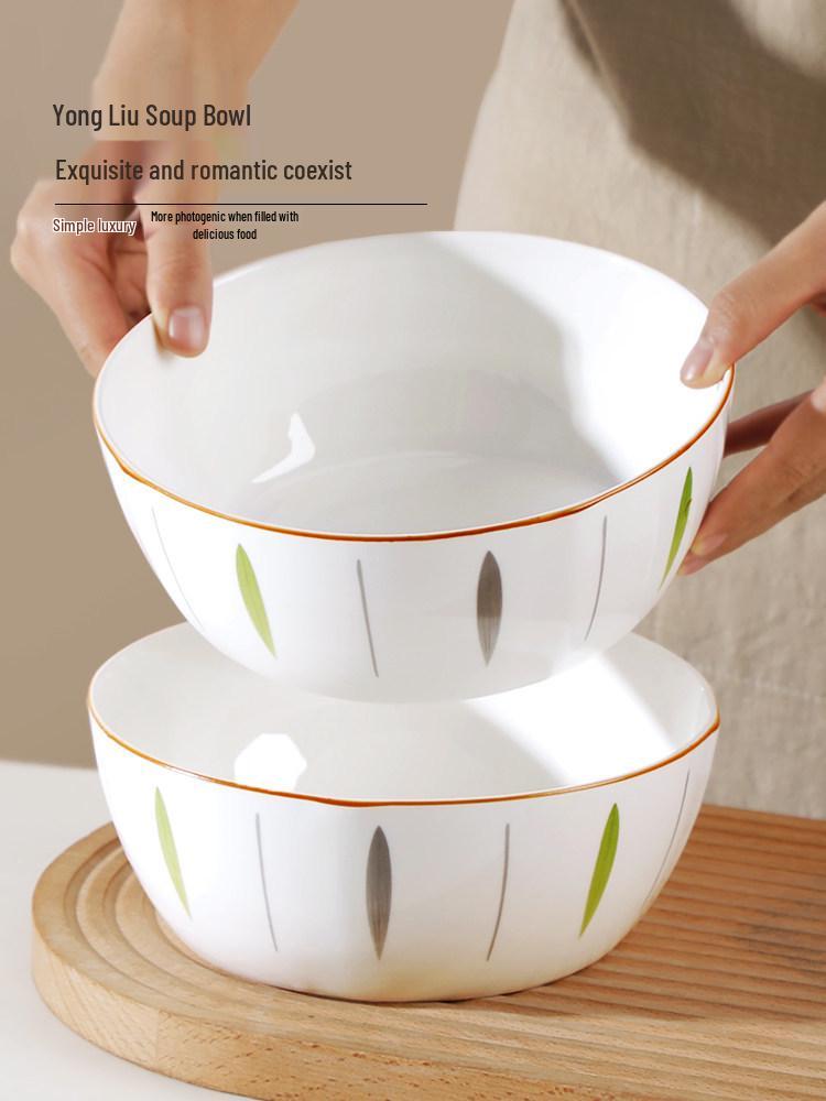 Set of 2 Anti-Scald Thickened Ceramic Soup Bowls, Large Capacity, Microwave-Safe - Ideal for Sauerkraut Fish, Simple and Fresh Design for Home Use.
