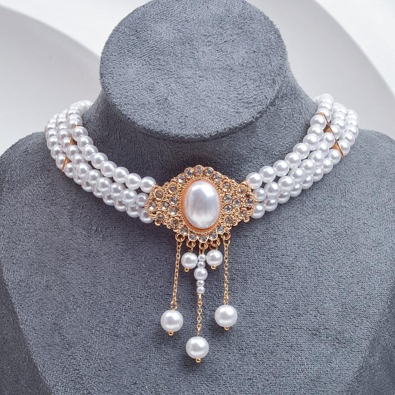 Meier Elegant Pearl Tassel Choker Necklace - French Chic Multi-layer Pearl and Diamond Necklace