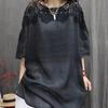 Womens Black Lace Trim Blouse Casual Round Neck 3/4 Sleeve Linen Tunic Top