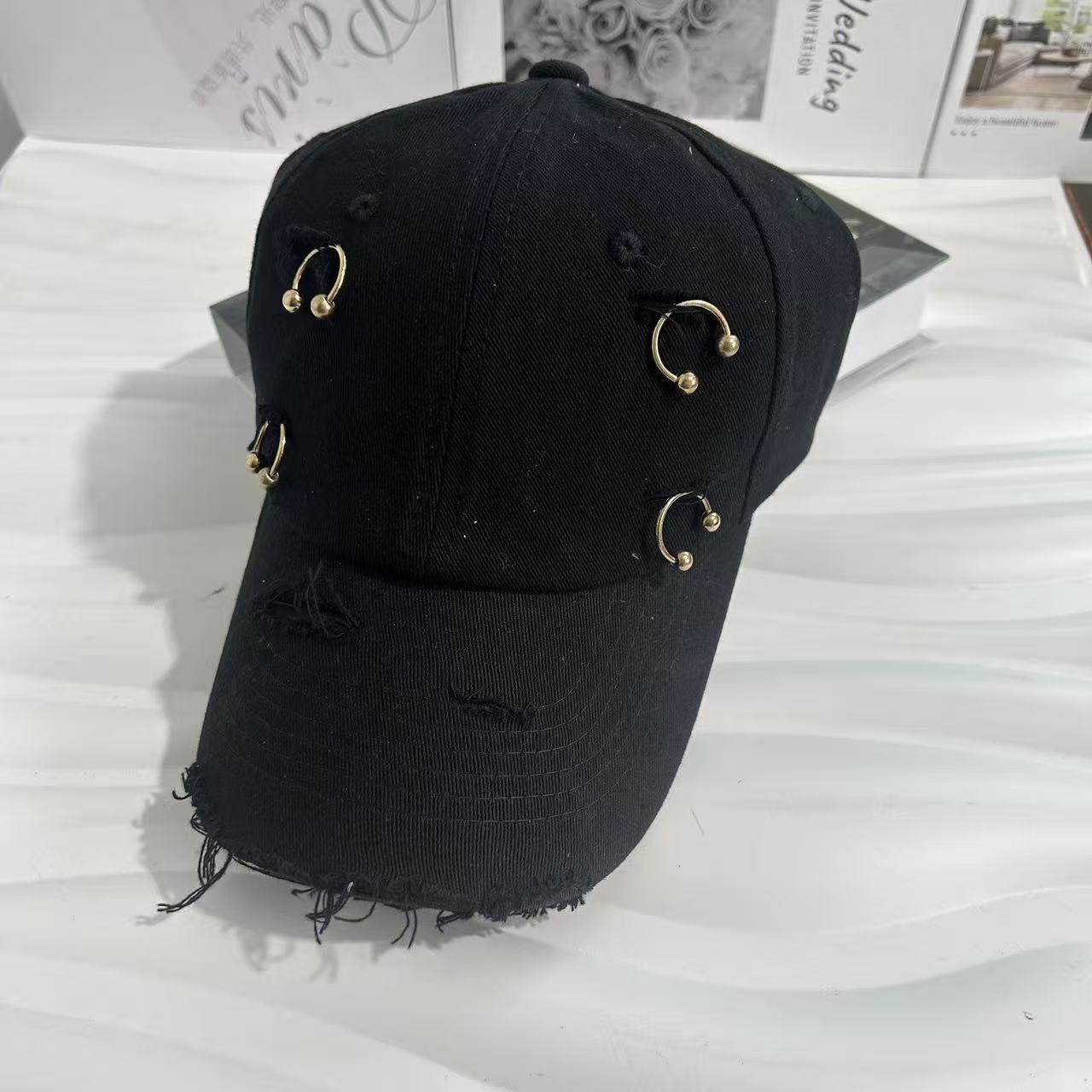 Vintage Washed Distressed Baseball Cap Unisex Metal Hook Decor Casual Adjustable Cotton Dad Hat