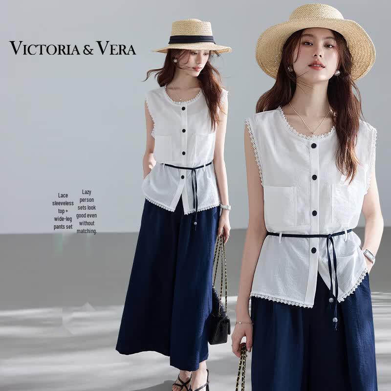

VICTORIA&VERA Round Neck Sleeveless Shirt & Wide-Leg Pants Set with Belt S