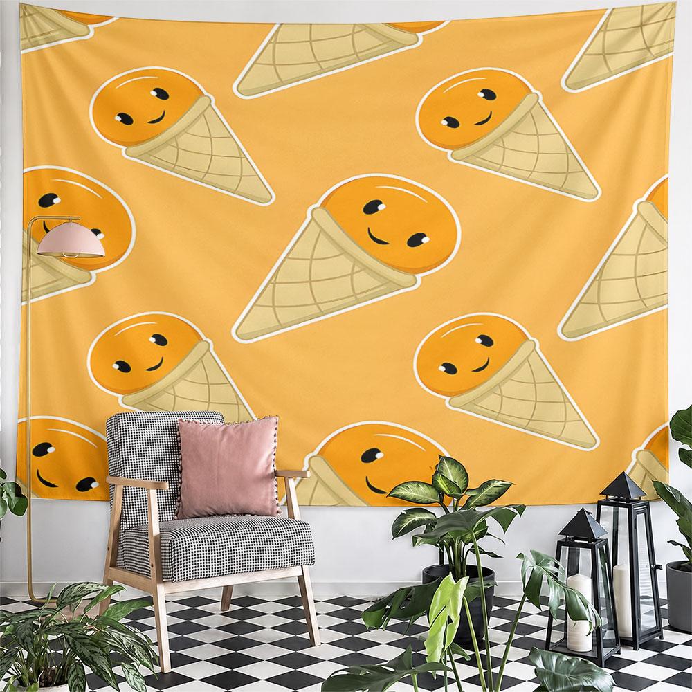 Cute Smiling Orange Ice Cream Design Pattern Wall Hanging Tapestry Decorative Tapestry Home Decor for Bedroom and Living Room