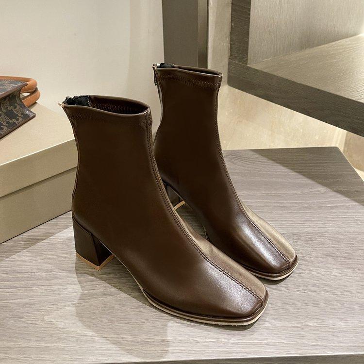 Retro Short Boots Women's Autumn New Square Head Thick Heel Fashion Boots Rear Zipper High Heel Thin Boots