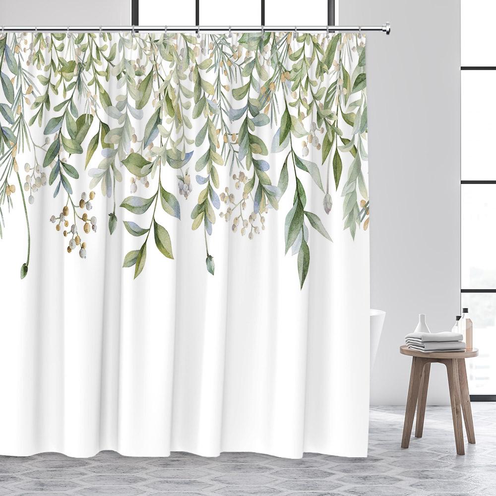 Green Eucalyptus Leaves Shower Curtain Watercolour Floral Butterfly Tropical Plant Leaf Polyester Fabric Decor Bathroom Curtains