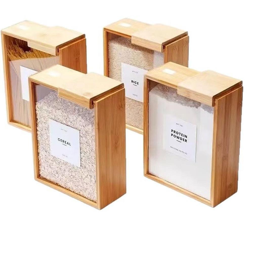Wielofunkcyjny Bambusowy Dozownik do Żywności Organizer Kuchenny do Przechowywania Płatków Śniadaniowych i Spiżarni z Konstrukcją Przesuwnej Pokrywy