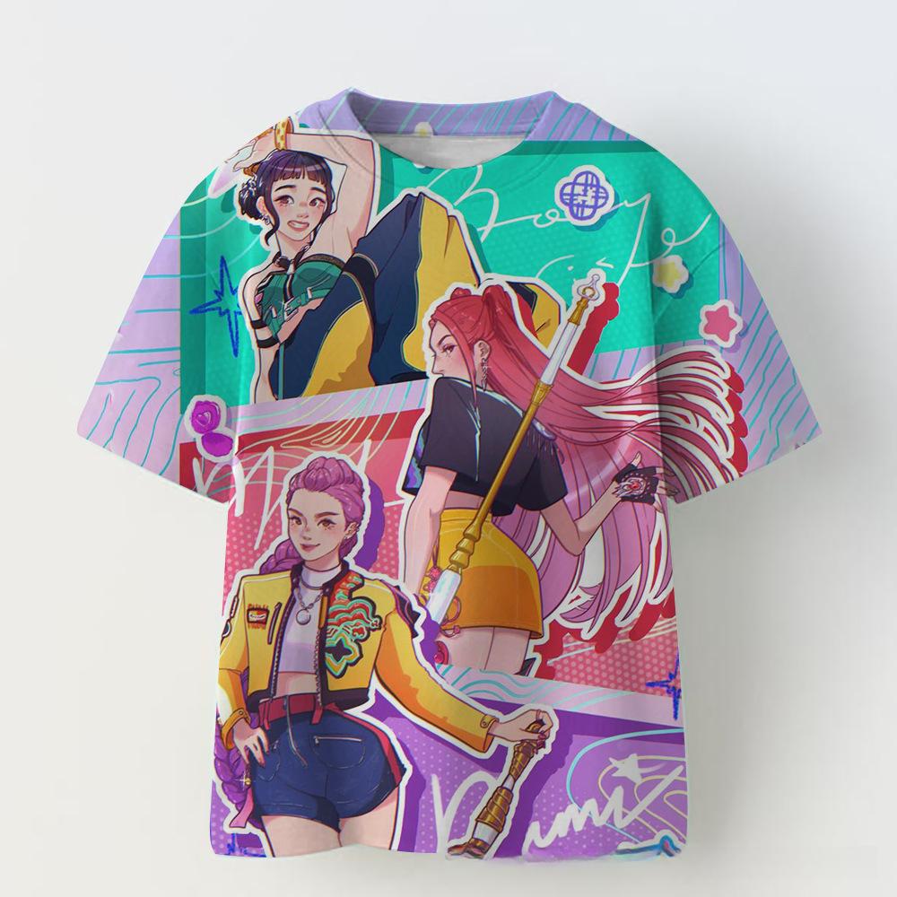 KPOP Demon Slayer Collaboration 3D Digital Print Girls' Casual Comfortable Short Sleeve T-Shirt Children's Clothing