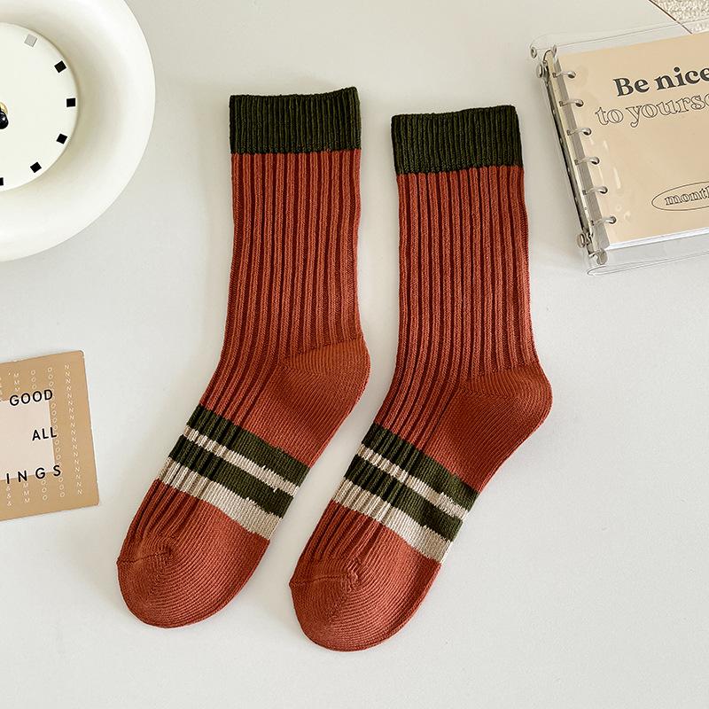 Female Autumn and Winter Thickened Warm Pure Color Cotton Color Striped Retro Tube Stack Socks