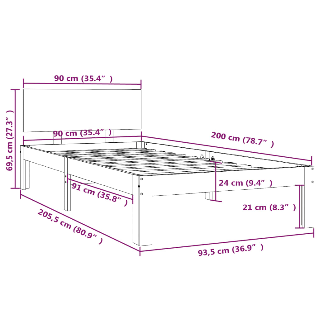 Solid Wood Bed Grey Pine 90 x 200 cm