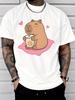 Cute Capybara Sipping Bubble Tea Unisexs Front Print T Shirt Pink Heart Cartoon Graphic Casual Short Sleeve Top Animal Lover Gift