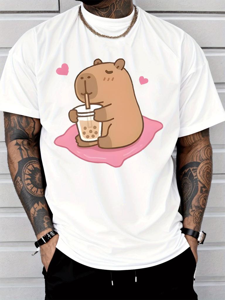 Cute Capybara Sipping Bubble Tea Unisexs Front Print T Shirt Pink Heart Cartoon Graphic Casual Short Sleeve Top Animal Lover Gift