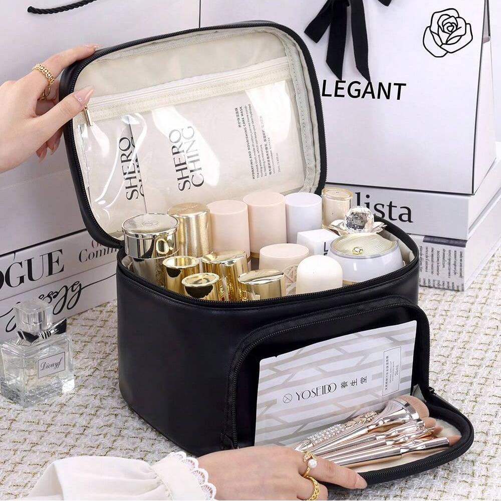 Large capacity cosmetics bag made of PU material handbag storage bag with zipper and bowknot decoration for wash bag